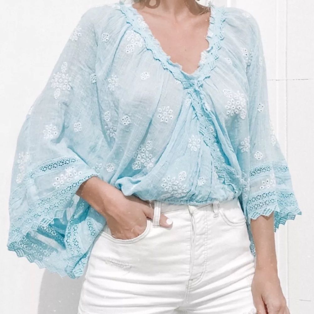 Free People Love Somebody Gauze
Embroidered Top in Misty Morning Blue